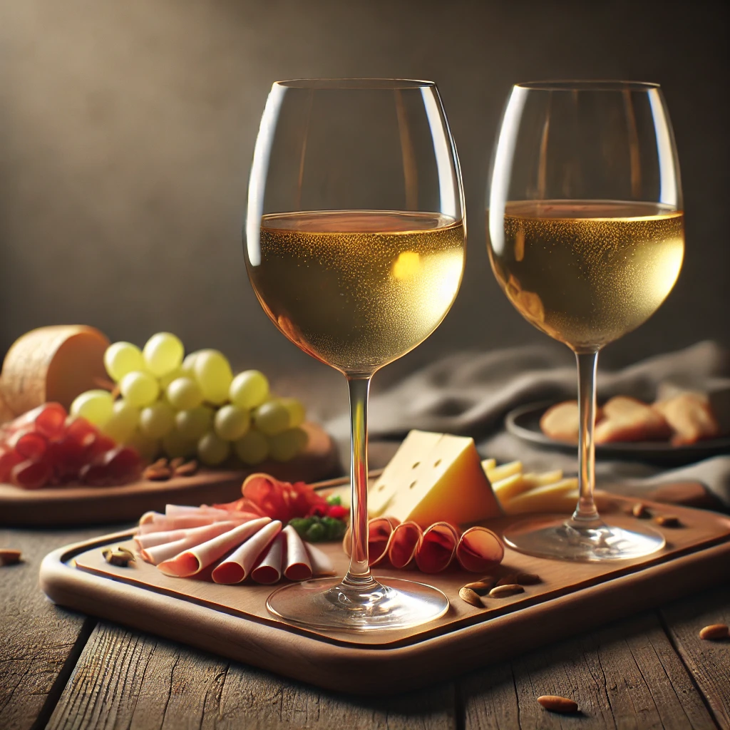 DALLE_2025-03-01_14.38.46_-_A_realistic_image_of_two_glasses_of_white_wine_on_a_wooden_table._In_the_background_a_small_charcuterie_board_with_assorted_cold_cuts_and_cheeses._Th.webp